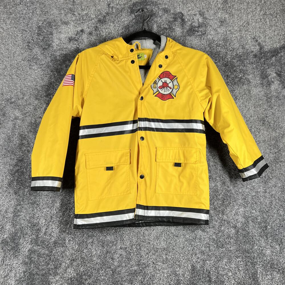 Western Chief Rain Coat Boys 7 Yellow Hooded Insulated Lined Fire Dept
